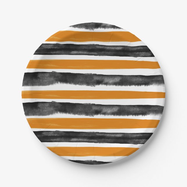 Schwarz-Orange Halloween Wasserfarben Streifen Pappteller (Vorderseite)