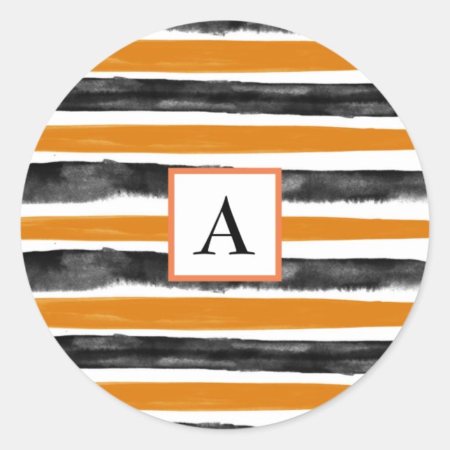 Schwarz-Orange Halloween Wasserfarben Streifen Runder Aufkleber (Vorderseite)