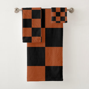 Schwarz-orange karierte Buffalo-Plaid-Quadrate Badhandtuch Set