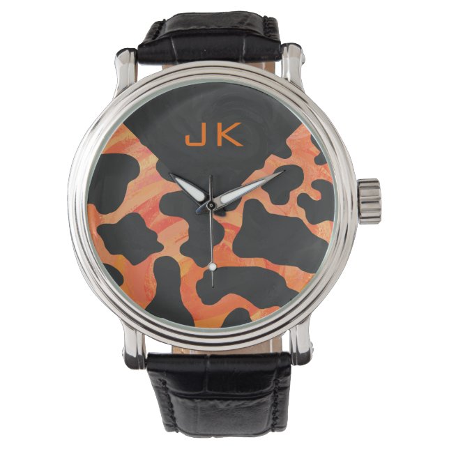 Schwarz-Orange-Print, Monogram-Kuh Armbanduhr (Vorderseite)