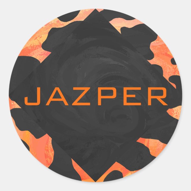 Schwarz-Orange-Print, Monogram-Kuh Runder Aufkleber (Vorderseite)