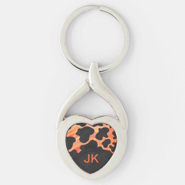 Schwarz-Orange-Print, Monogram-Kuh Schlüsselanhänger (Vorderseite)