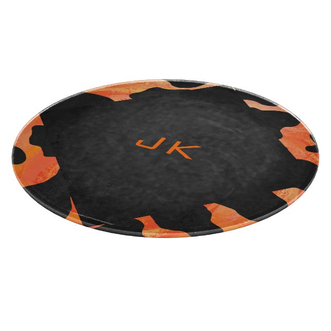 Schwarz-Orange-Print, Monogram-Kuh Schneidebrett (Ecke)