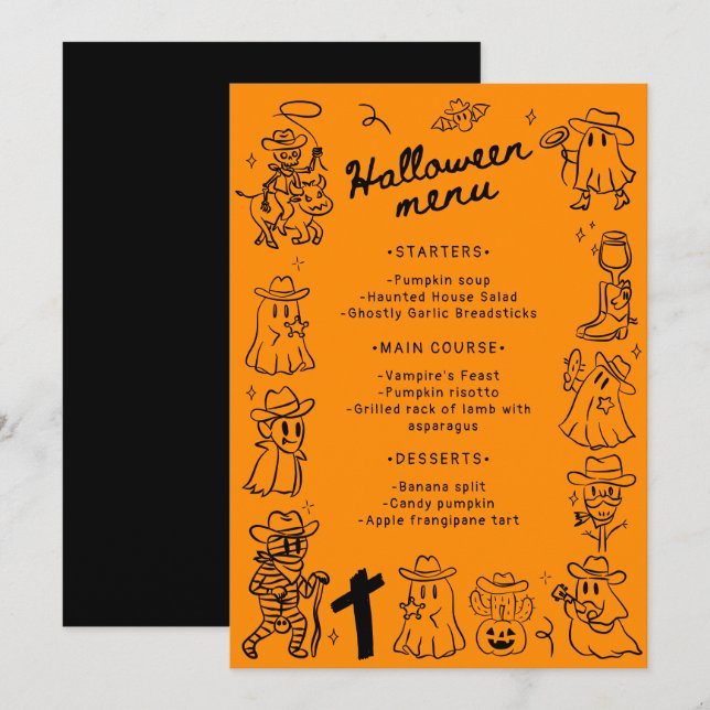 Schwarz & Orange Quirky Hand Zeichnen Halloween Menükarte (Vorne/Hinten)