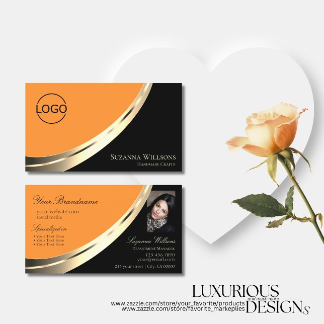 Schwarz-orange-schicke Gold-Dekoration mit Logos u Visitenkarte (Von Creator hochgeladen)