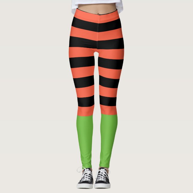 Schwarz & Orange Streifen Green Bottom Fun Hallowe Leggings (Vorderseite)