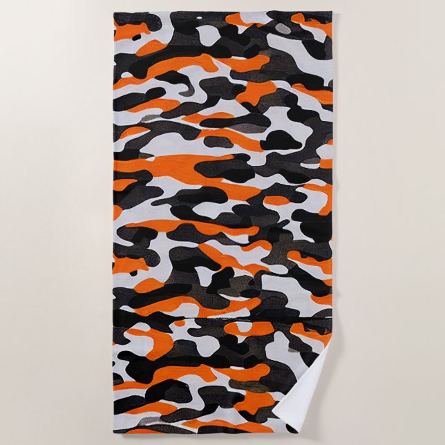 Schwarz Orange Tarnmuster Strandtuch (Vorderseite)
