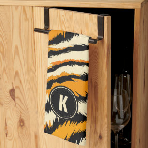Schwarz Orange Tiger Streifen Muster Monogramm Geschirrtuch
