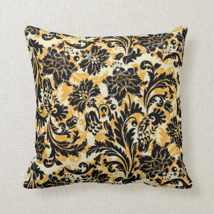 Schwarz-Orange- und Weißblumen-Damaskus Kissen