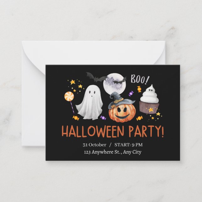 Schwarz-Orange-Wasserfarben-Halloween-Einladung Mitteilungskarte (Vorderseite)