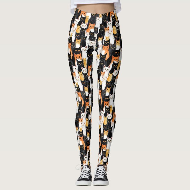 Schwarz-Orange-weiße Katzen Leggings (Vorderseite)