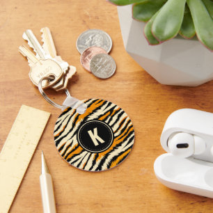 Schwarz-orangefarbenes Tiger-Muster-Monogramm Schlüsselanhänger