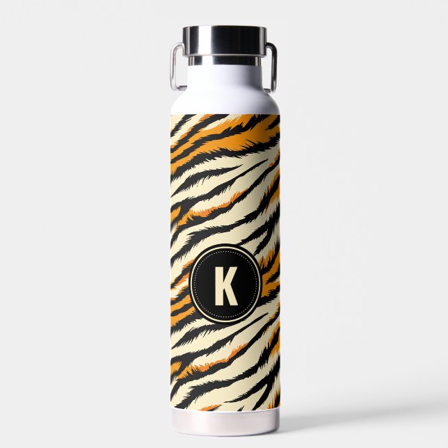 Schwarz-orangefarbenes Tiger-Muster-Monogramm Trinkflasche (Vorne)