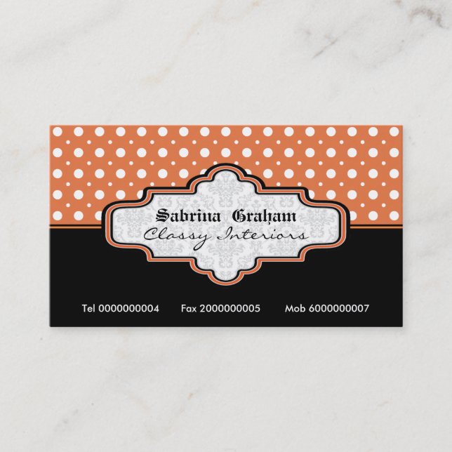 Schwarz-Orangen-Polka-Punkt-Interieur Visitenkarte (Vorderseite)