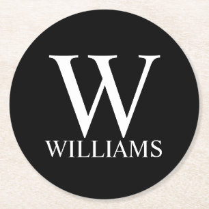 Schwarz-Personalisiert-Monogramm und Name Runder Pappuntersetzer