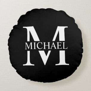 Schwarz-Personalisiert-Monogramm und Name Rundes Kissen