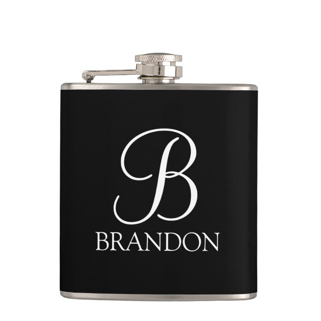 Schwarz-Personalisiert-Script-Monogramm und Name-F Flachmann (Vorderseite)