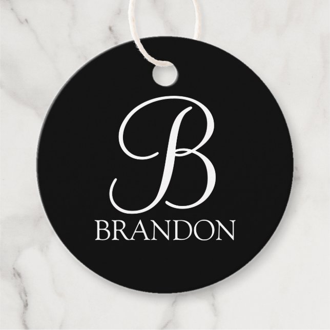 Schwarz-Personalisiert-Script-Monogramm und -Name Geschenkanhänger (Vorderseite)
