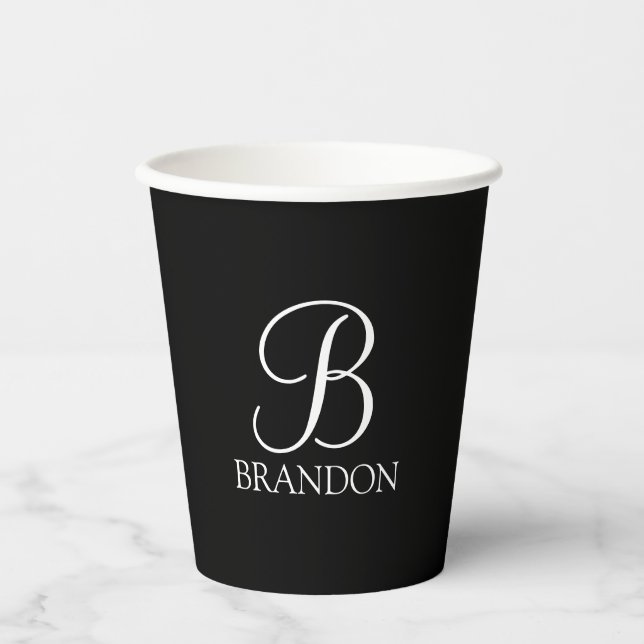 Schwarz-Personalisiert-Script-Monogramm und -Name Pappbecher (Vorderseite)