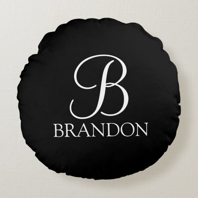 Schwarz-Personalisiert-Script-Monogramm und -Name Rundes Kissen (Vorderseite)