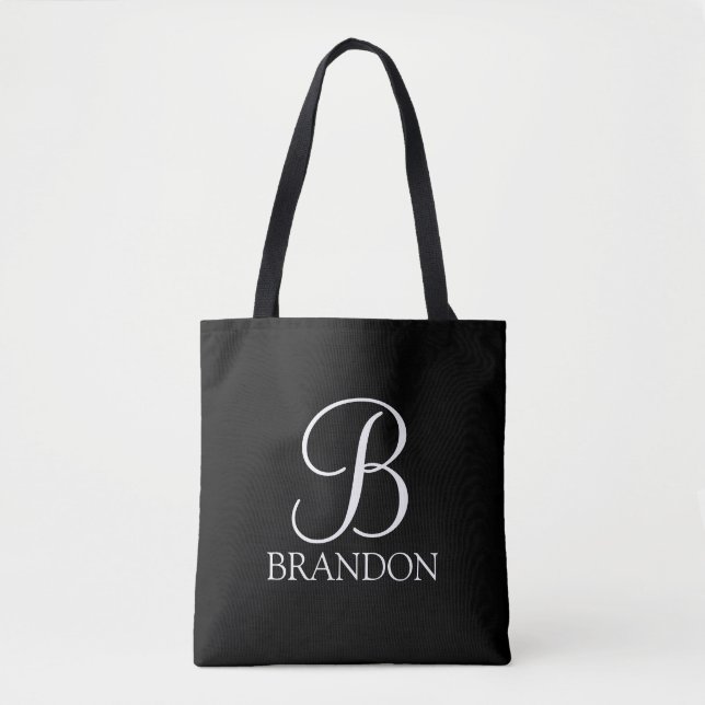Schwarz-Personalisiert-Script-Monogramm und -Name Tasche (Vorderseite)