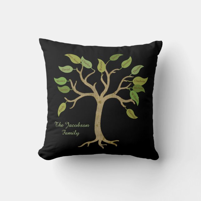 Schwarz-Personalisierter Stammbaum-Pillow Kissen (Vorderseite)