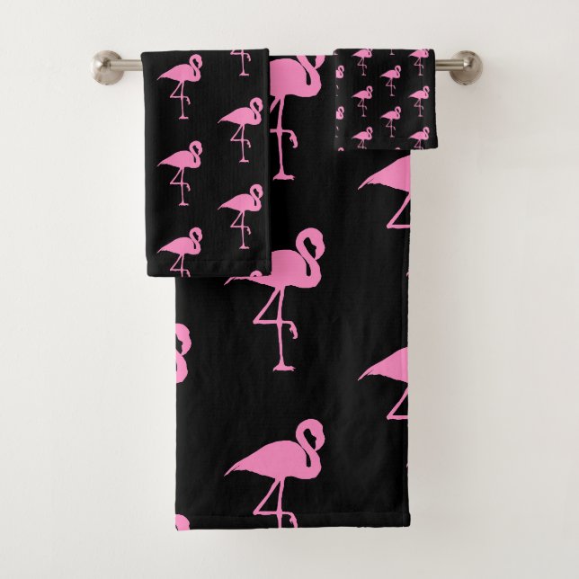 Schwarz-Pink-Flamingo-Muster Badhandtuch Set (Insitu)
