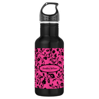 Schwarz Pink Floral Wasser Flasche mit Namen Edelstahlflasche