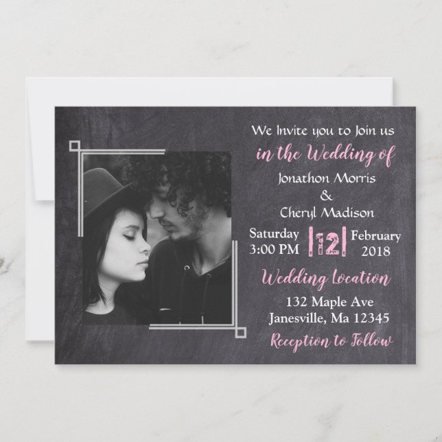 Schwarz-Pink-Foto-Hochzeitseinladungen auf der Taf Einladung (Vorderseite)