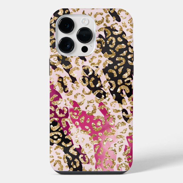 Schwarz Pink Gold Leopard iPhone 14 Pro Max Hülle (Rückseite)