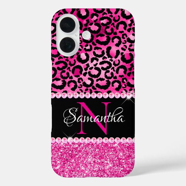 Schwarz-Pink-Leopard-Spot-Glam-Monogramm iPhone 16 Hülle (Rückseite)