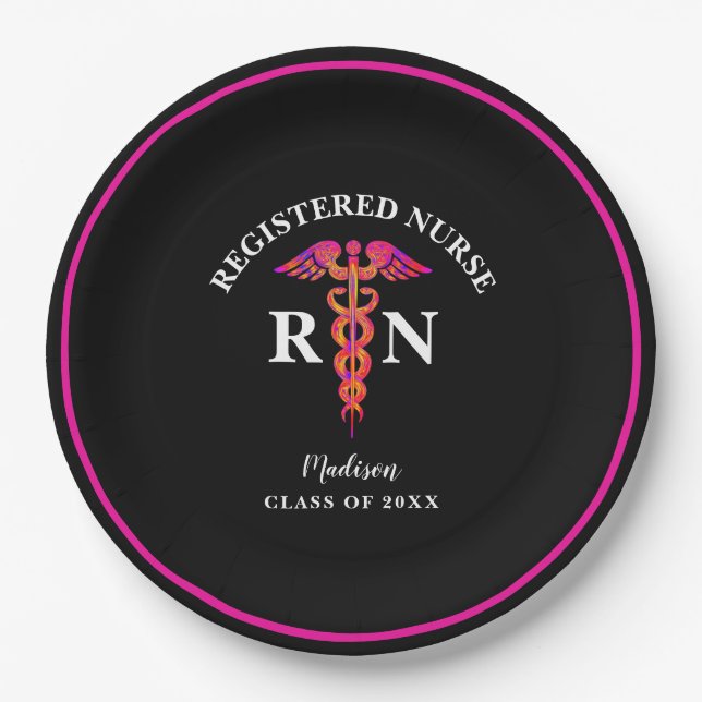Schwarz-Pink-Party-Monogramm des nährenden Abschlu Pappteller (Vorderseite)