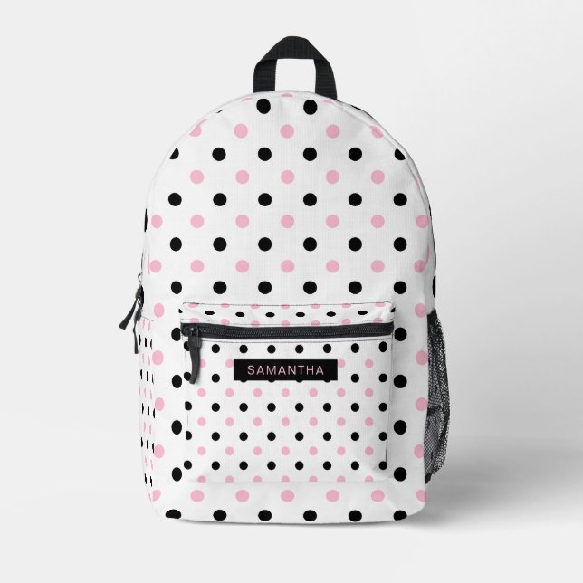 Schwarz-Pink Polka Punkte in einem weißen Hintergr Bedruckter Rucksack (Vorderseite)