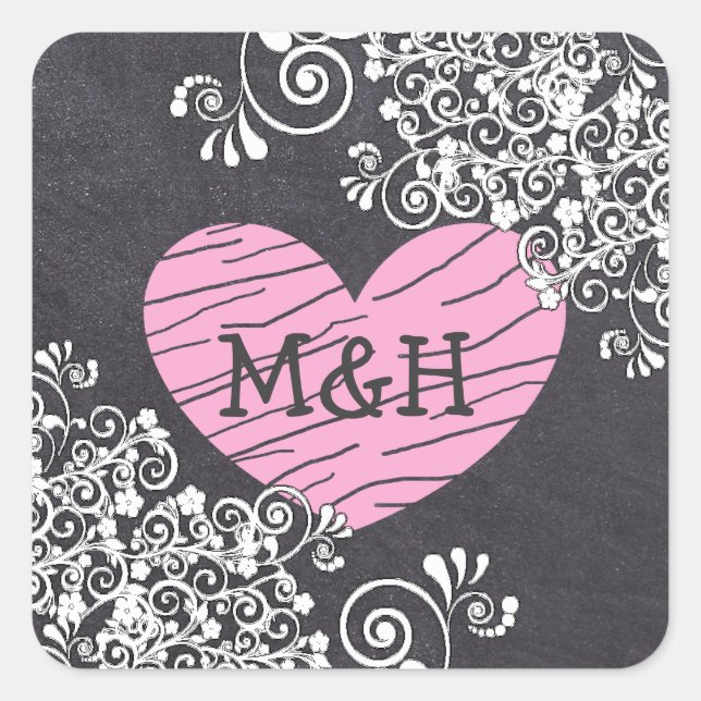 Schwarz-Pink-Rosa-Herz-Hochzeitsticker Quadratischer Aufkleber (Vorderseite)