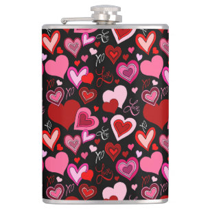 Schwarz Pink Rote Herzen Liebesmuster Flachmann