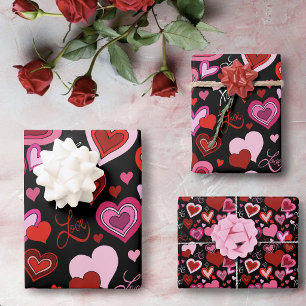 Schwarz Pink Rote Herzen Liebesmuster Geschenkpapier Set