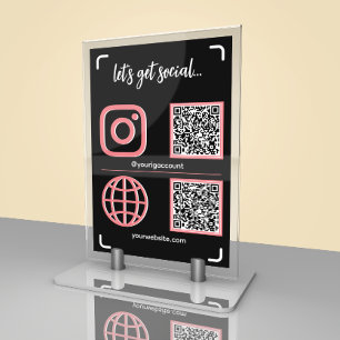 Schwarz & Pink Social Media-Schild mit QR-Code Tischnummer