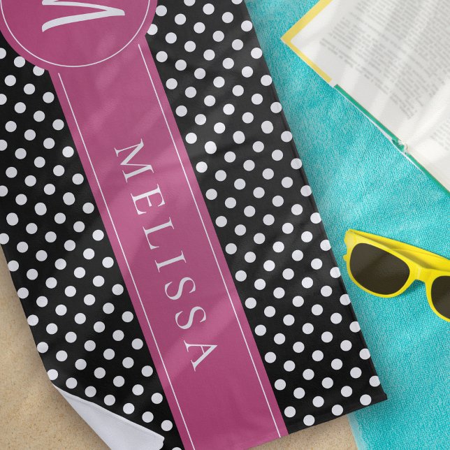 Schwarz-Pink-Weiß-Monogram-Polka-Punkte Strandtuch (Von Creator hochgeladen)