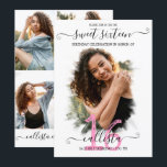 Schwarz Pink White Halo Foto Collage Sweet 16 Einladung<br><div class="desc">Diese hübsche und gürmische 16 . Geburtstag Geburtstagsparty Foto Collage Einladung ist perfekt für das trendige und stilvolle Mädchen. Es verfügt über einen einfachen, weißen Pinselhalo auf einem großen Feature-Foto und eine elegante schwarz-rosa handgeschriebene kursive Schrift Typografie. Auf der Rückseite sind vier weitere individuell anpassbare Bilder und die Party-Details mit...</div>