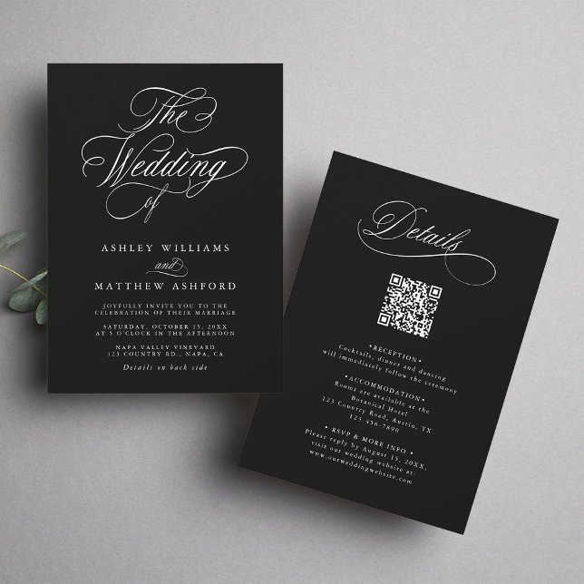 Schwarz-Romantische Kalligrafie in einer Hochzeit Einladung (Front & Back)