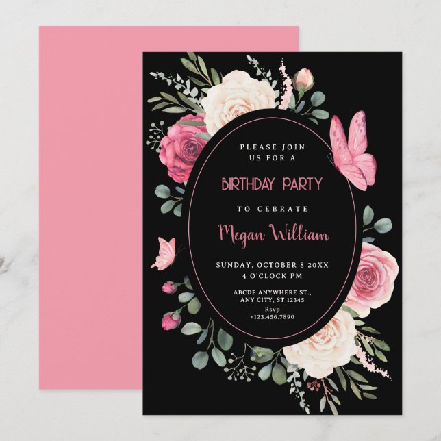 Schwarz-Rosa-Aquarell-Rose Geburtstag Einladung (Vorne/Hinten)