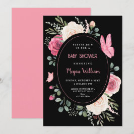 Schwarz Rosa Aquarellfarben Rose Babydusche Einladung