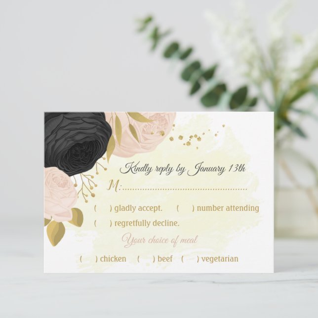 Schwarz-Rosa-Blume - Auswahl an botanischen Gerich RSVP Karte (Stehend Vorderseite)