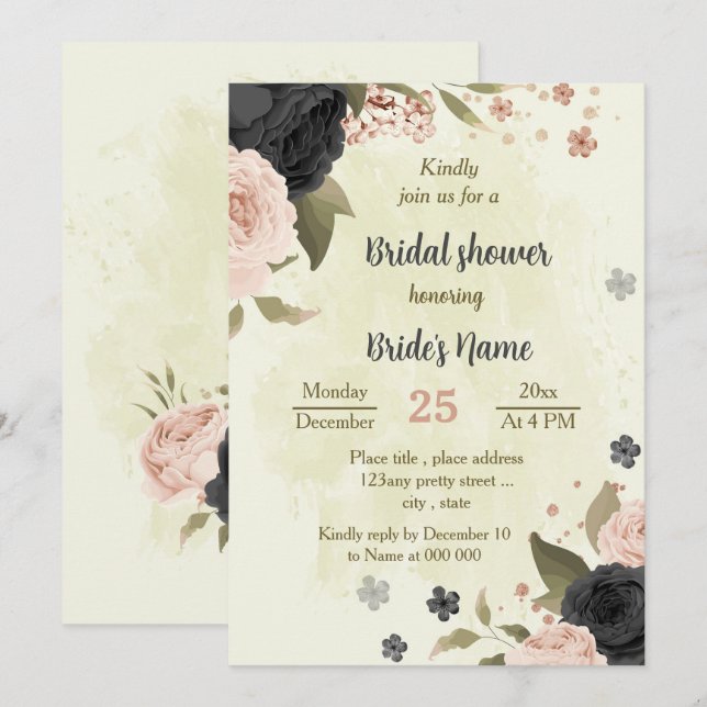 Schwarz-Rosa-Blume botanisches Brautparty Einladung (Vorne/Hinten)
