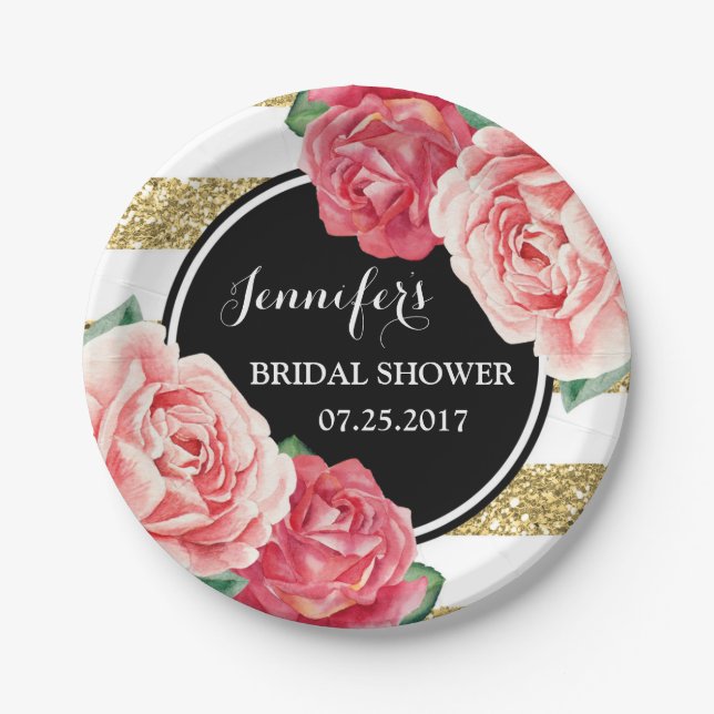 Schwarz-Rosa-Blume Brautparty Plate Pappteller (Vorderseite)