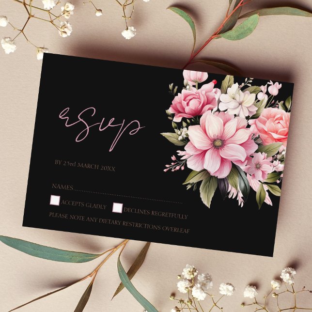 Schwarz-Rosa-Blume Dunkelästhetische Hochzeit RSVP Karte (Von Creator hochgeladen)