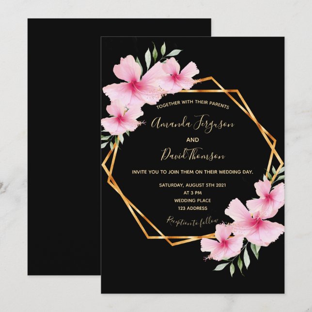 Schwarz-Rosa-Blume - geometrische Hochzeit Einladung (Vorne/Hinten)