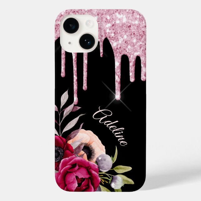 Schwarz-Rosa-Blume Glitzer Tropfen Name Case-Mate iPhone 14 Hülle (Rückseite)