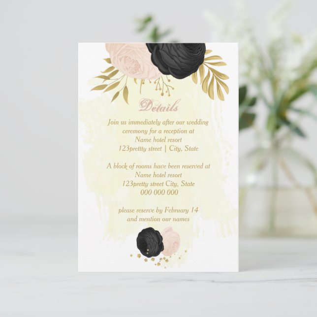 Schwarz-Rosa-Blume Goldfarben-Details der botanisc Begleitkarte (Stehend Vorderseite)