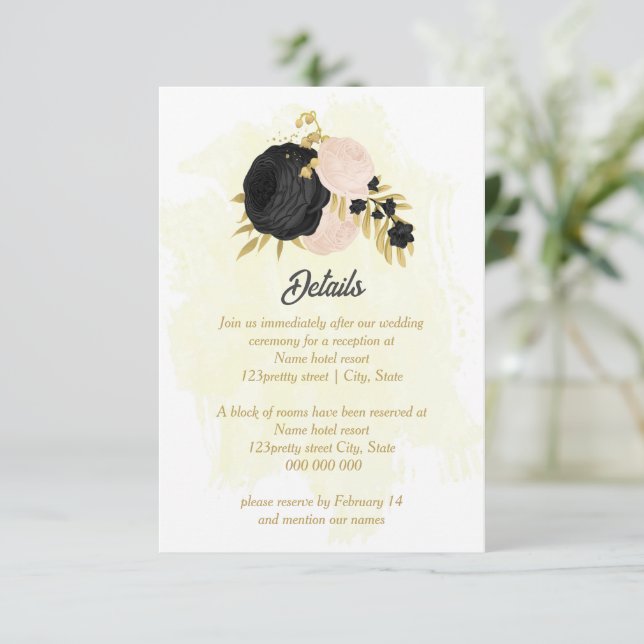 Schwarz-Rosa-Blume Goldfarben-Details der botanisc Begleitkarte (Stehend Vorderseite)